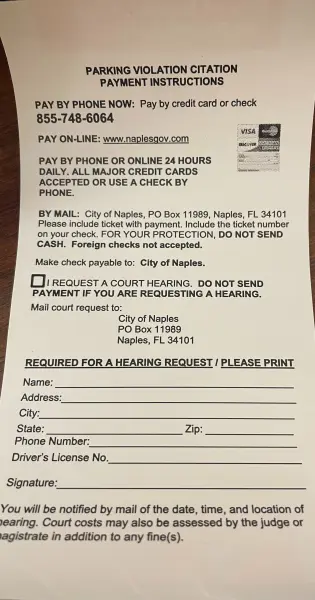 traffic ticket parking citation back