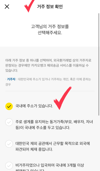 카카오 뱅크 해외 계좌 송금 거주성확인2