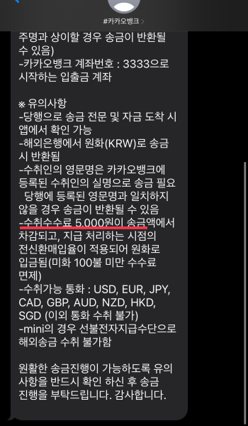 카카오 뱅크 해외 계좌 송금 고객센터 문자2