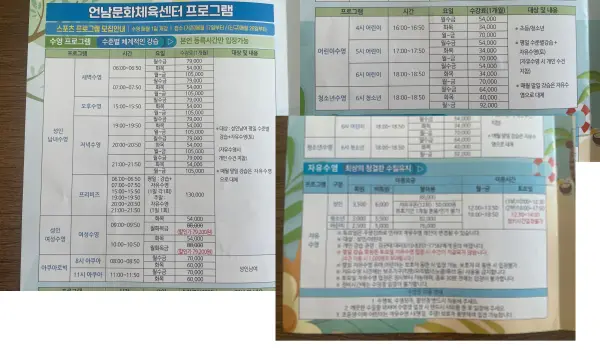 언남문화체육센터 수영 시간표 강습료